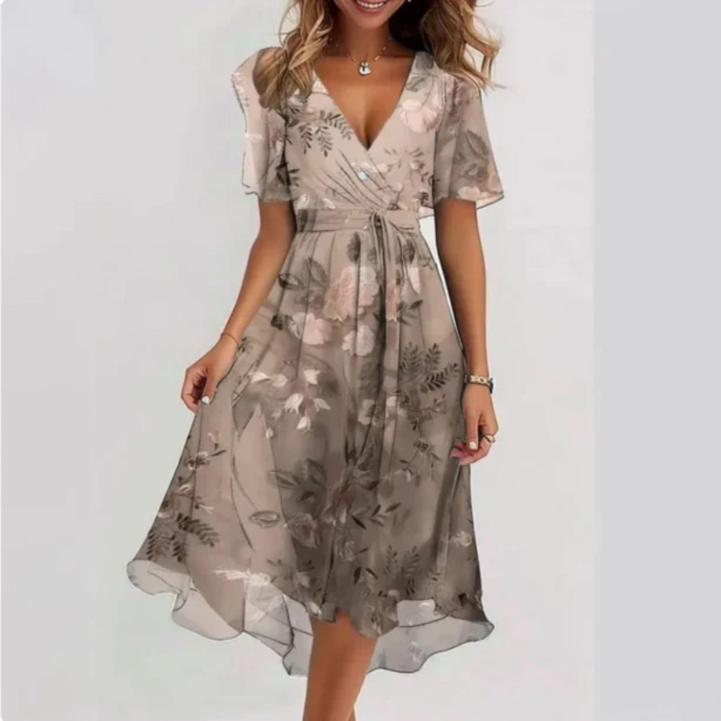 Chiffon Dress - V-Neck - Butterfly Sleeve - Midi Dress - Summer Dress-Allison Arch