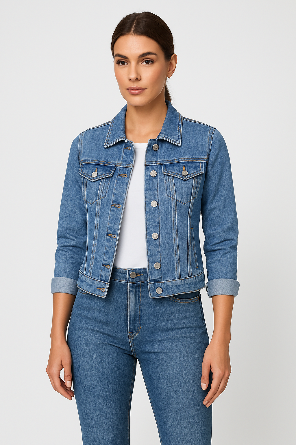 Denim Jacket - Women's Classic Short Slim Fit Jean Denim Jacket-Allison Arch