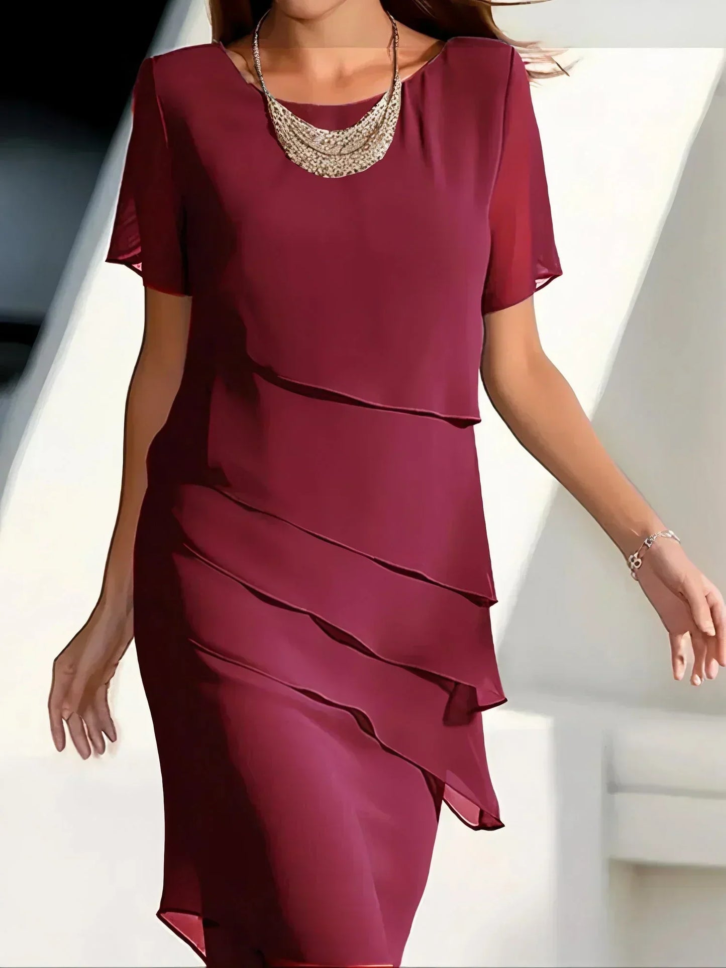 Elegant Dress - Women's Short Sleeve Knee Length Chiffon Dress-Allison Arch