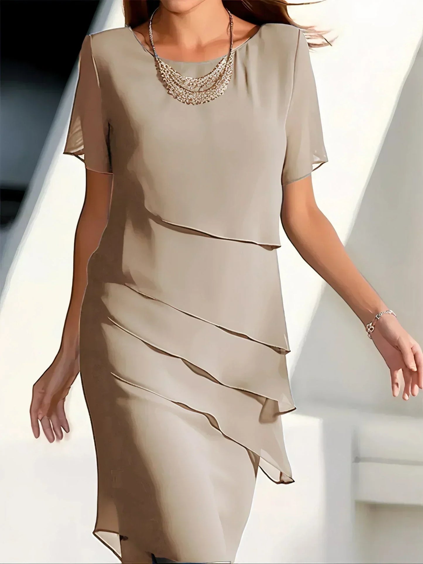 Elegant Dress - Women's Short Sleeve Knee Length Chiffon Dress-Allison Arch