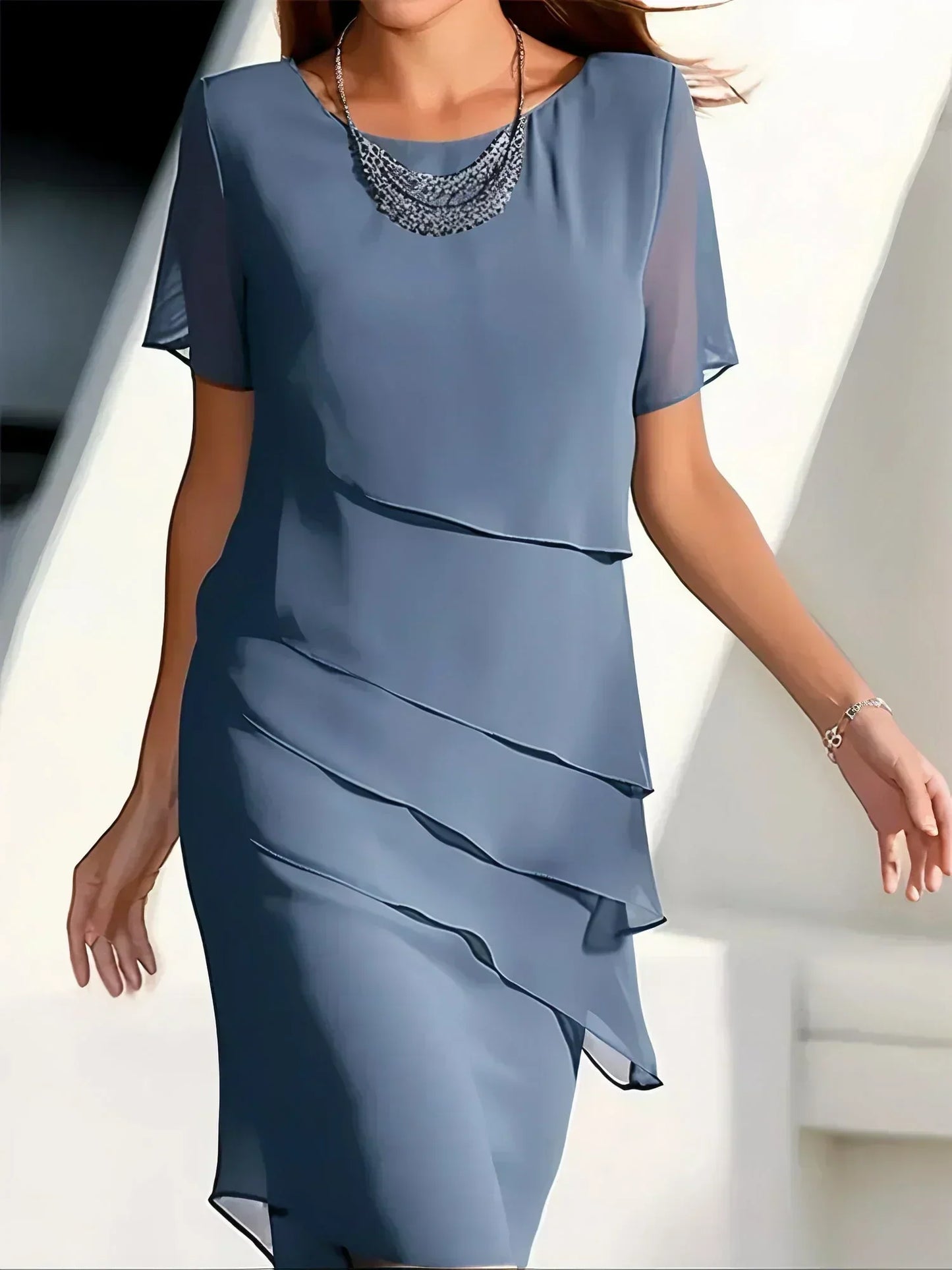 Elegant Dress - Women's Short Sleeve Knee Length Chiffon Dress-Allison Arch