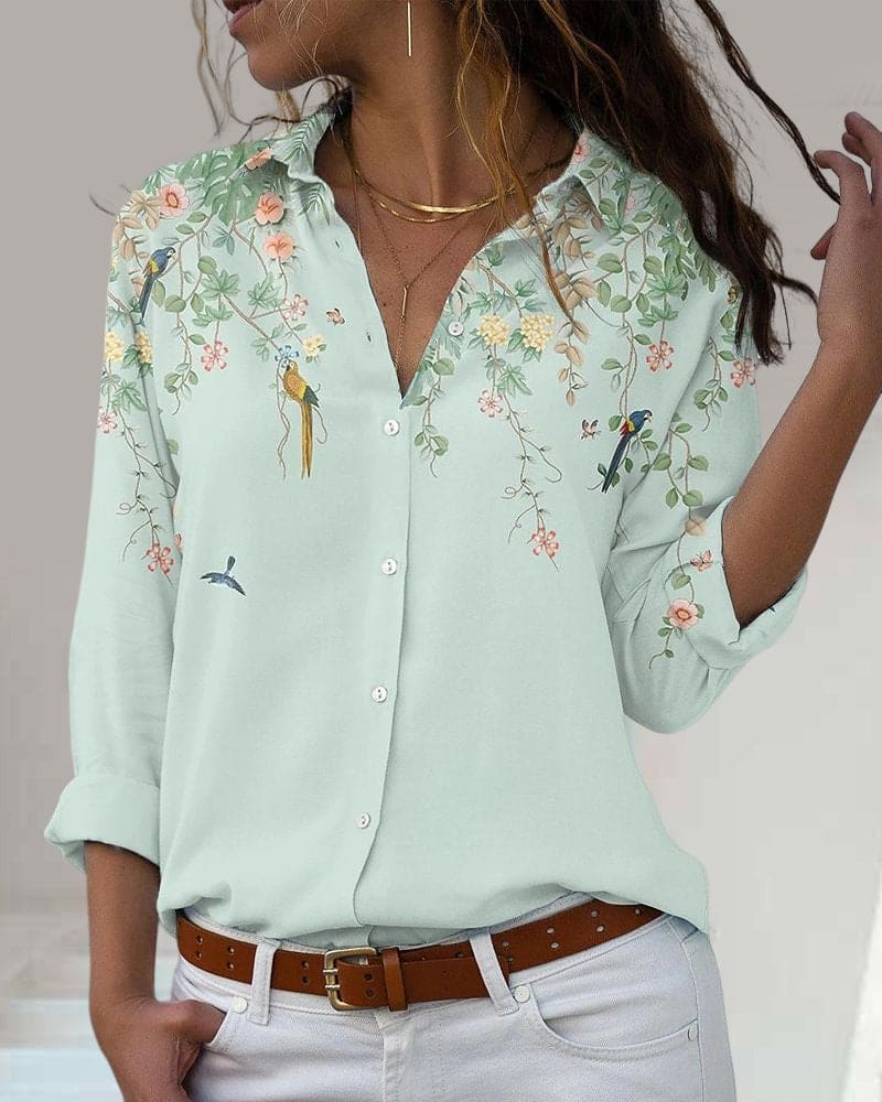 Floral Blouse - Long Sleeve - Collared - Button-Up Shirt - Women's Shirt-Allison Arch