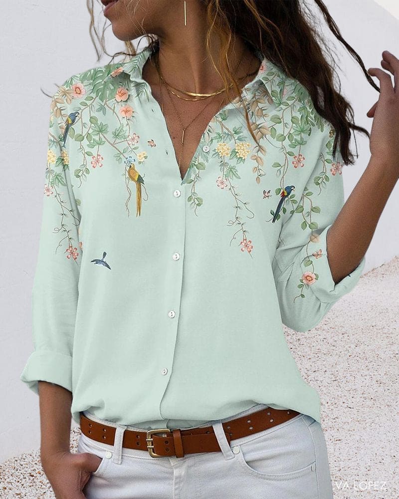 Floral Blouse - Long Sleeve - Collared - Button-Up Shirt - Women's Shirt-Allison Arch