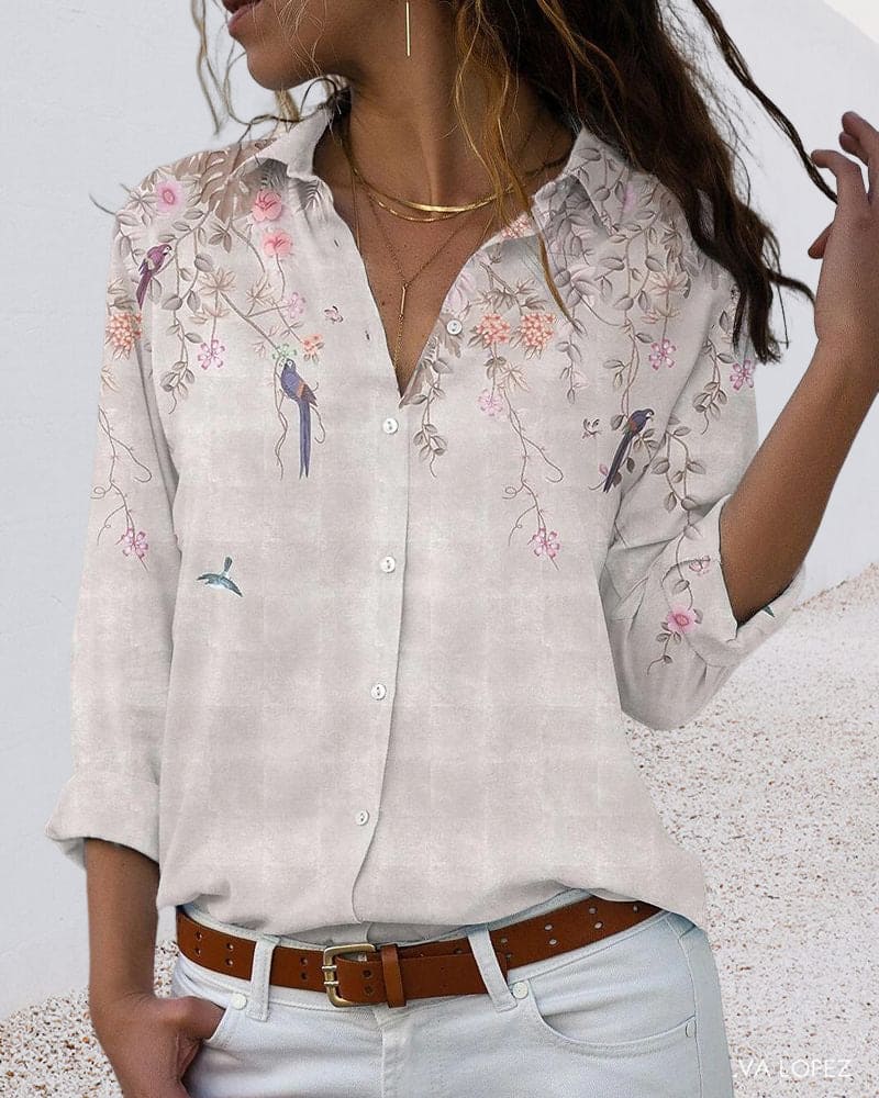 Floral Blouse - Long Sleeve - Collared - Button-Up Shirt - Women's Shirt-Allison Arch