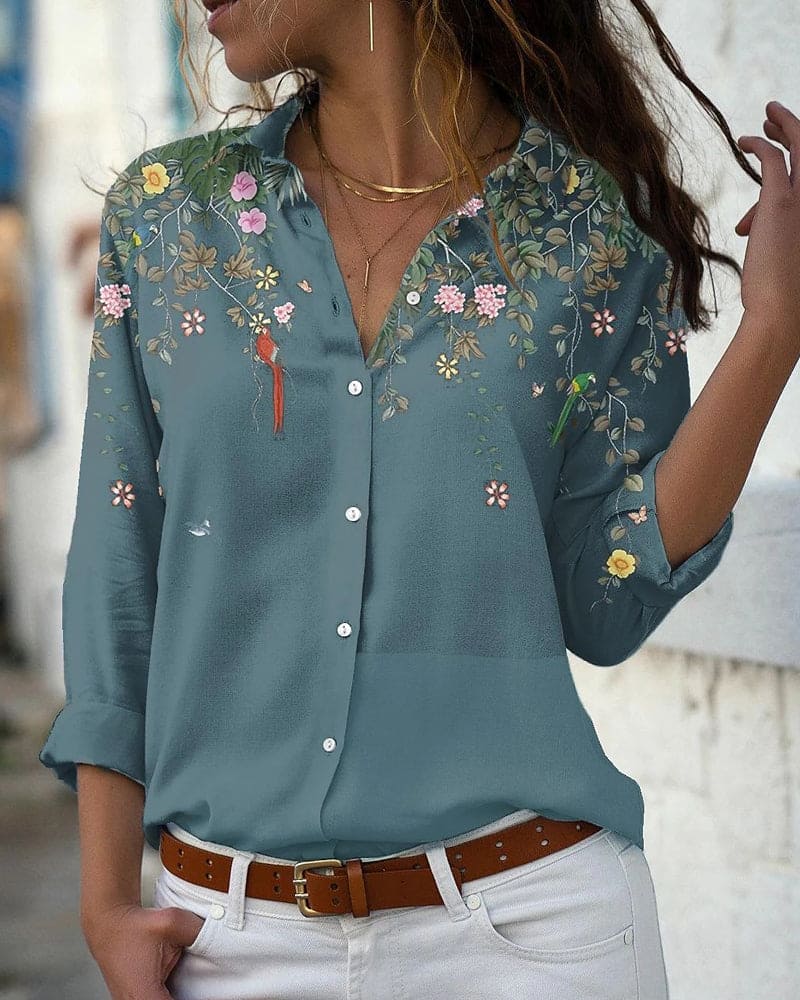 Floral Blouse - Long Sleeve - Collared - Button-Up Shirt - Women's Shirt-Allison Arch
