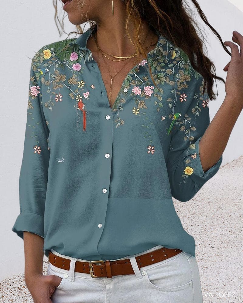 Floral Blouse - Long Sleeve - Collared - Button-Up Shirt - Women's Shirt-Allison Arch