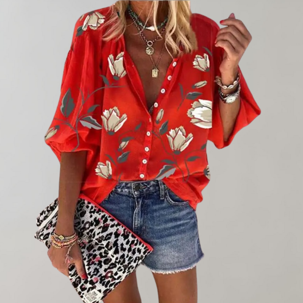 Floral Blouse - Loose Fit - Half Sleeve - Summer Top - Women's Summer Clothes-Allison Arch