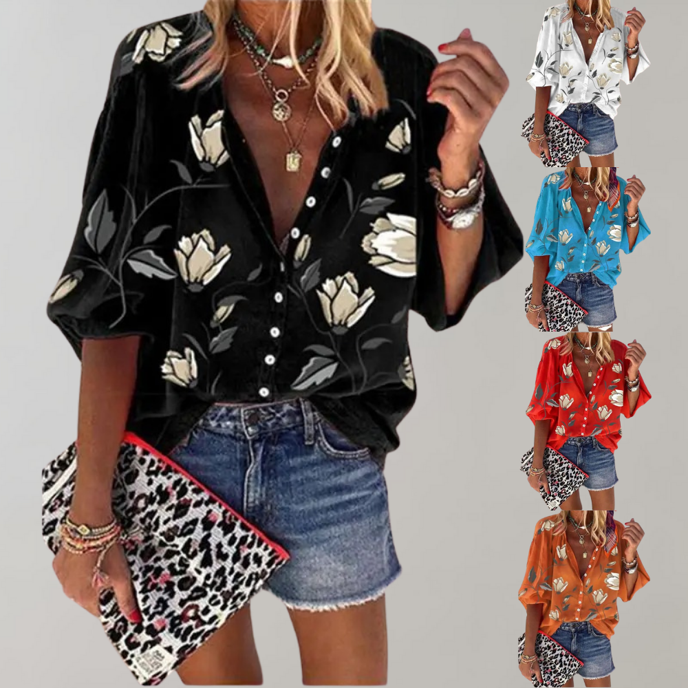 Floral Blouse - Loose Fit - Half Sleeve - Summer Top - Women's Summer Clothes-Allison Arch