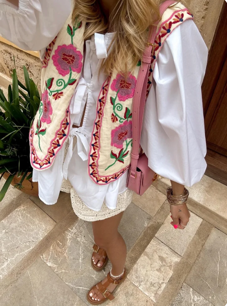 Floral Vest - Women's Sleeveless Embroidered Vintage Gilet-Allison Arch