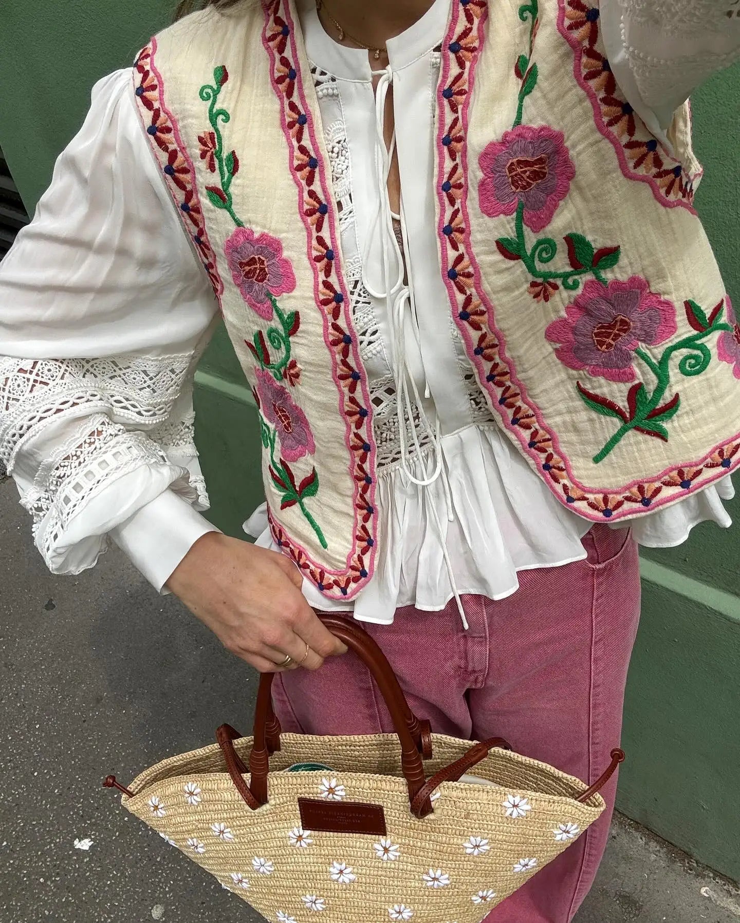Floral Vest - Women's Sleeveless Embroidered Vintage Gilet-Allison Arch