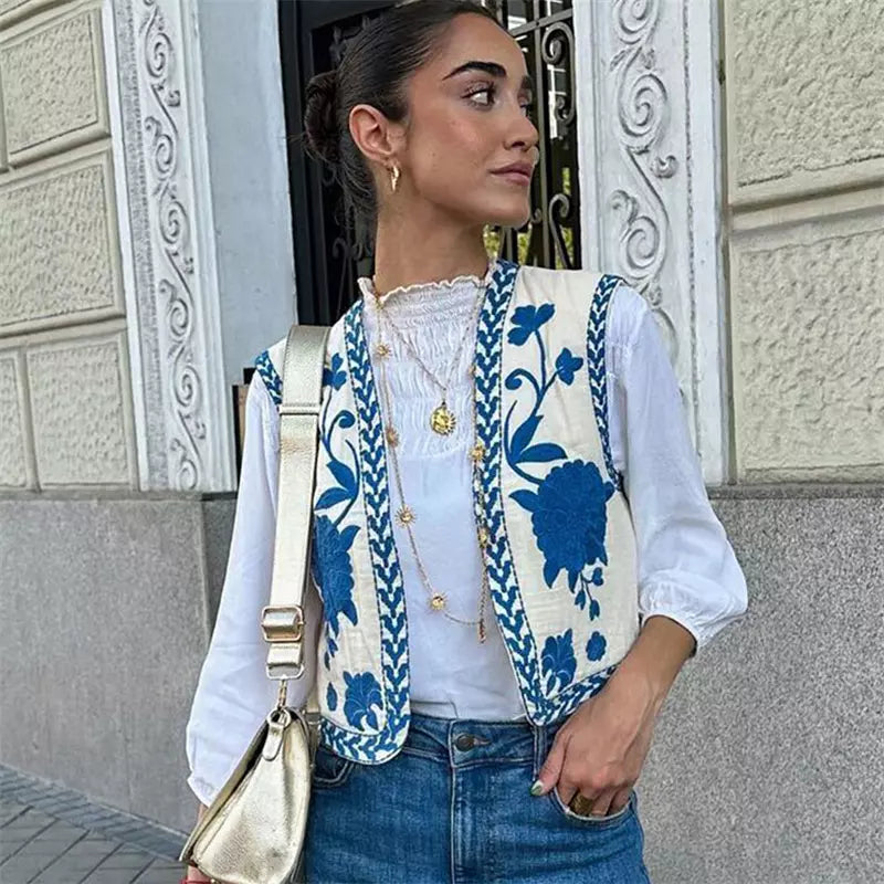 Floral Vest - Women's Sleeveless Embroidered Vintage Gilet-Allison Arch