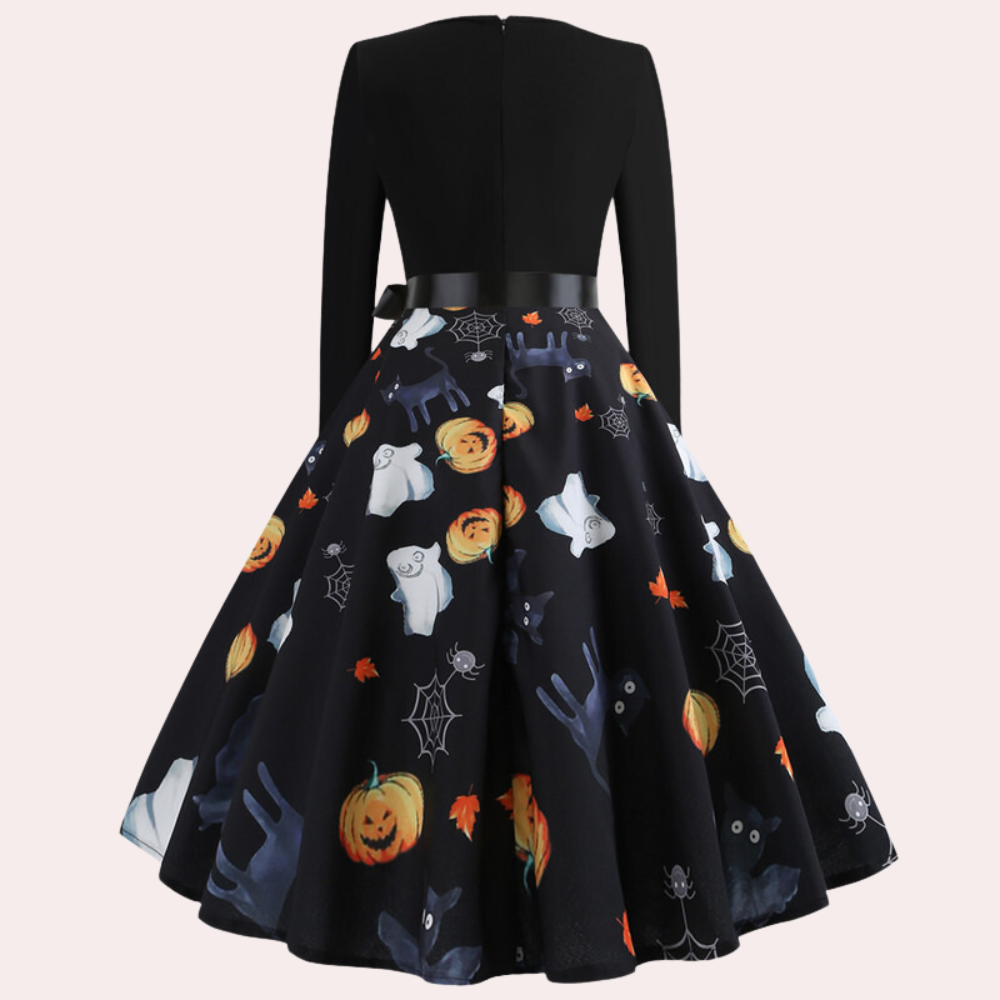 Halloween Dress | Pumpkin Print | Long Sleeve | Fit and Flare Dress | Women's Dress-Allison Arch