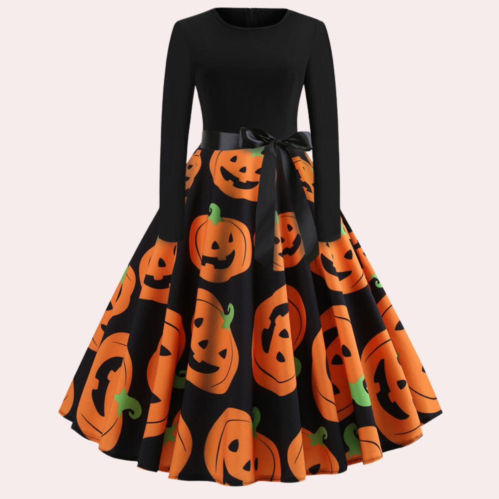 Halloween Dress | Pumpkin Print | Long Sleeve | Fit and Flare Dress | Women's Dress-Allison Arch
