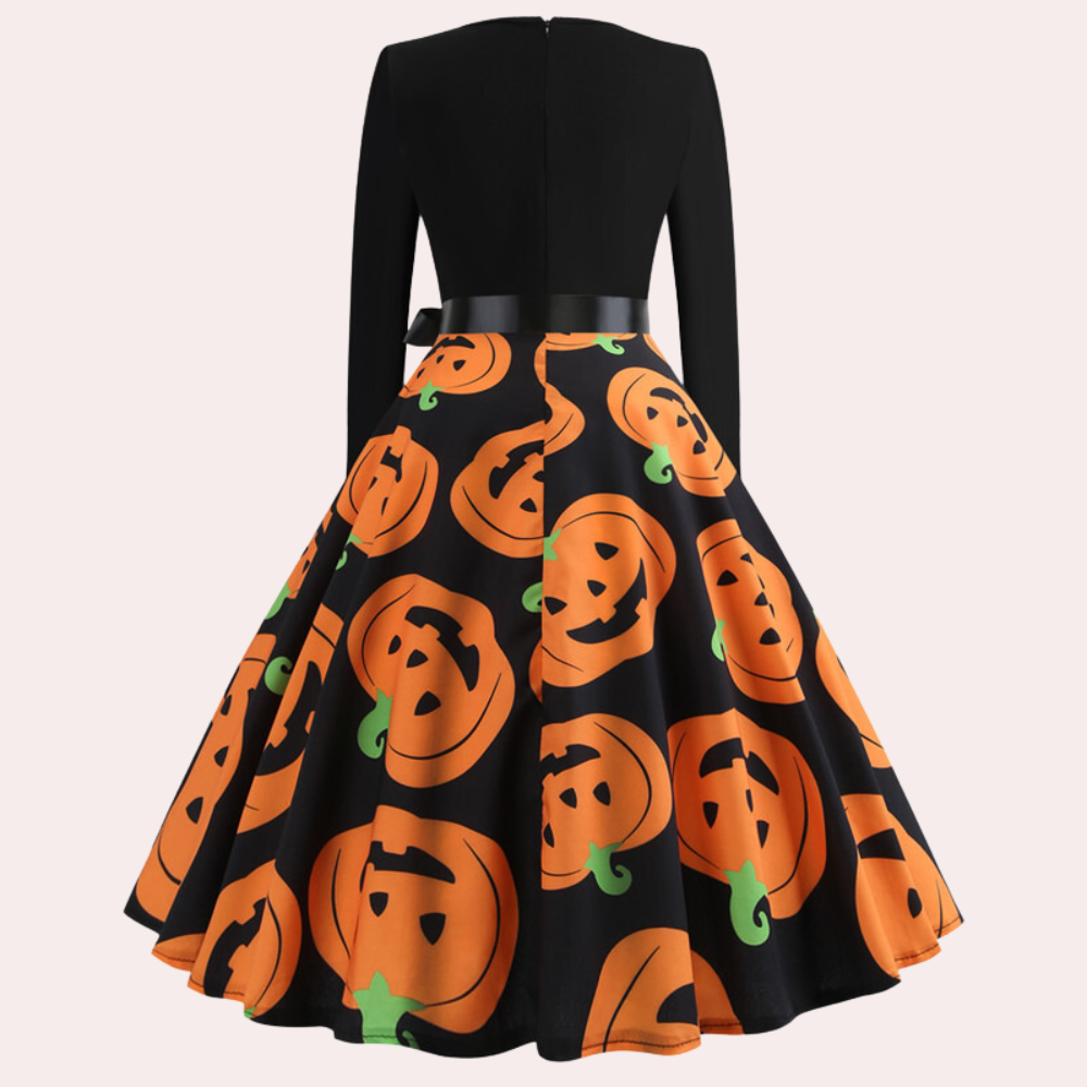 Halloween Dress | Pumpkin Print | Long Sleeve | Fit and Flare Dress | Women's Dress-Allison Arch