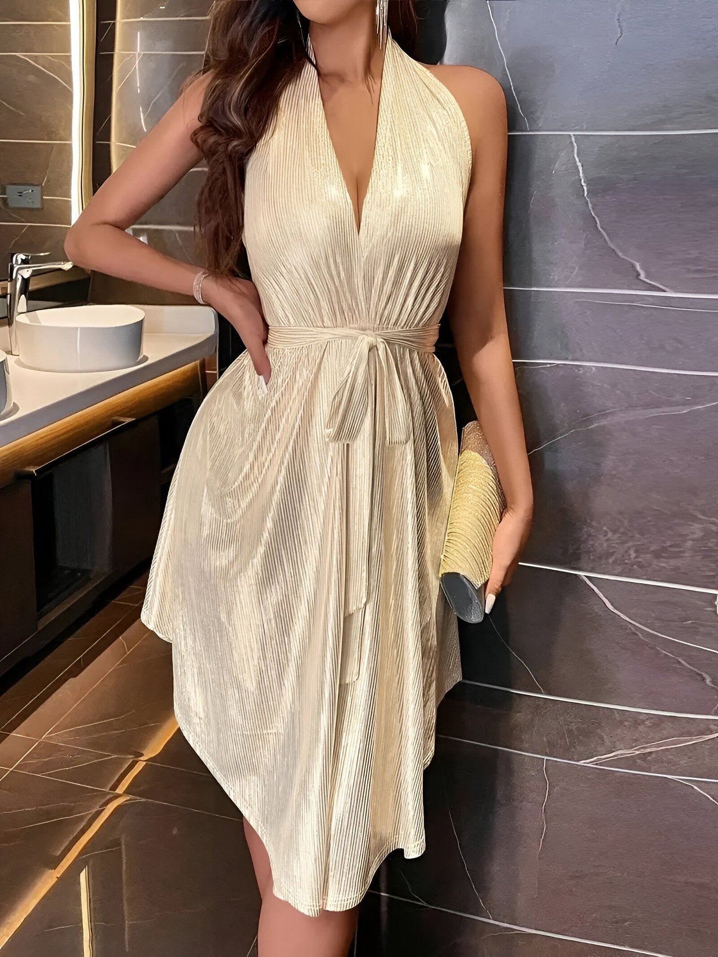 Halter Neck Dress - V-Neck - Asymmetrical - Shiny Dress - Summer Dress-Allison Arch
