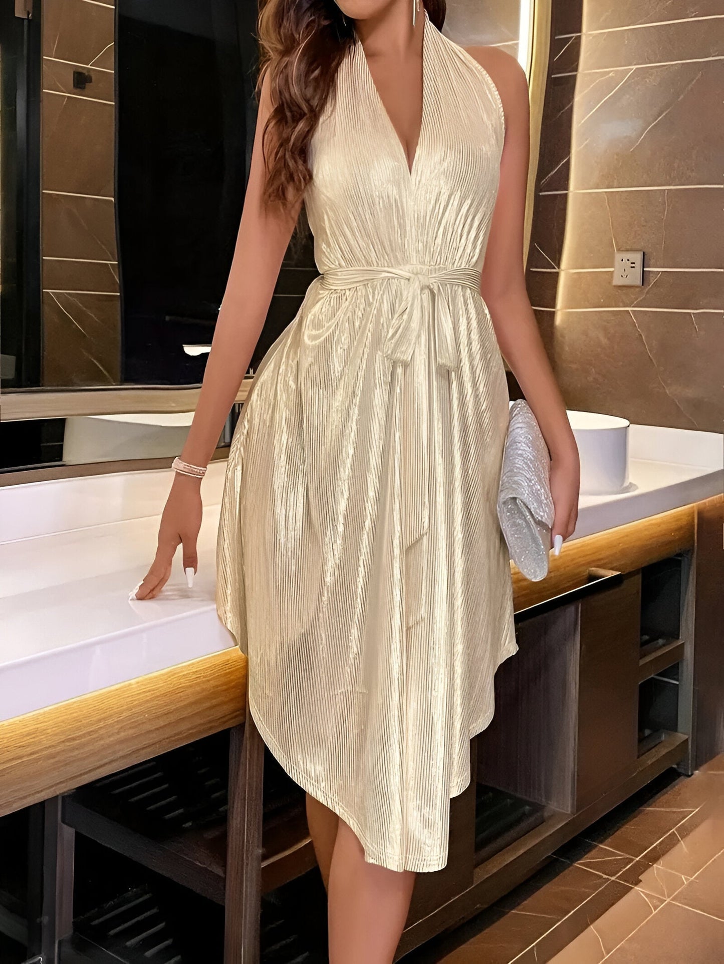 Halter Neck Dress - V-Neck - Asymmetrical - Shiny Dress - Summer Dress-Allison Arch