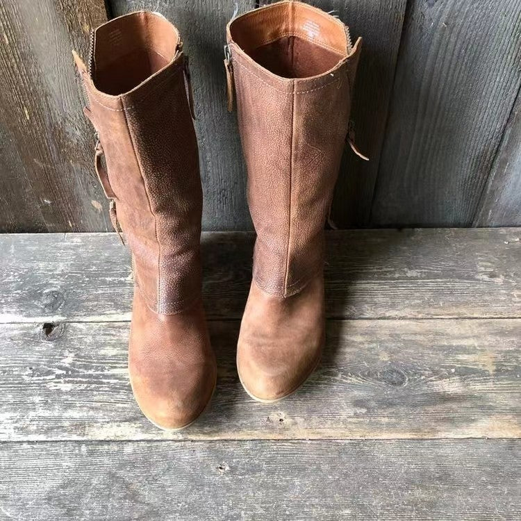 Heeled Boots - Women's Brown Zip-Up Mid Calf Leather Boots-Allison Arch
