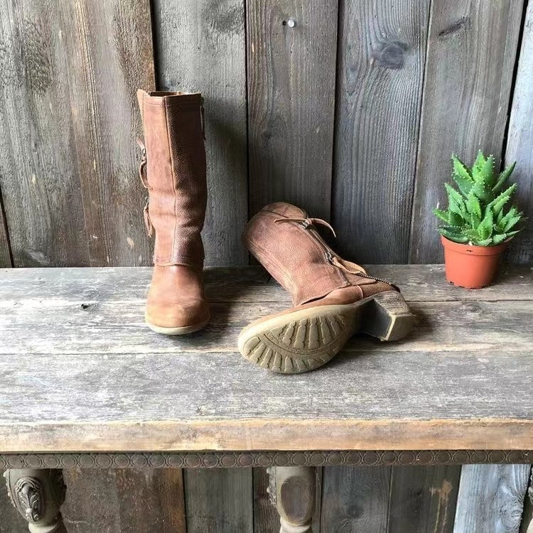 Heeled Boots - Women's Brown Zip-Up Mid Calf Leather Boots-Allison Arch