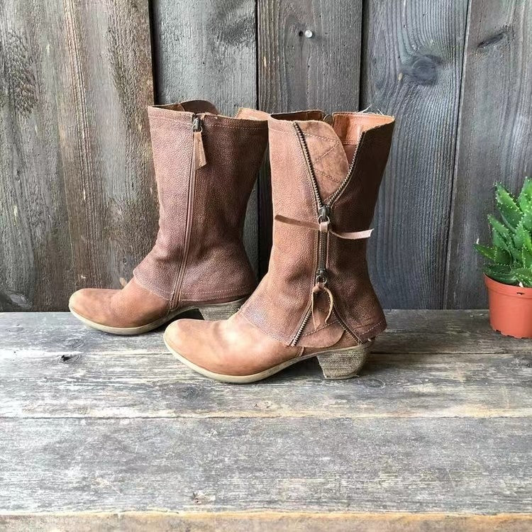 Heeled Boots - Women's Brown Zip-Up Mid Calf Leather Boots-Allison Arch