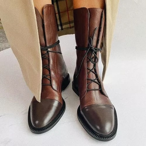 Leather Boots - Women's Vintage Mid Calf Lace Up Boots-Allison Arch