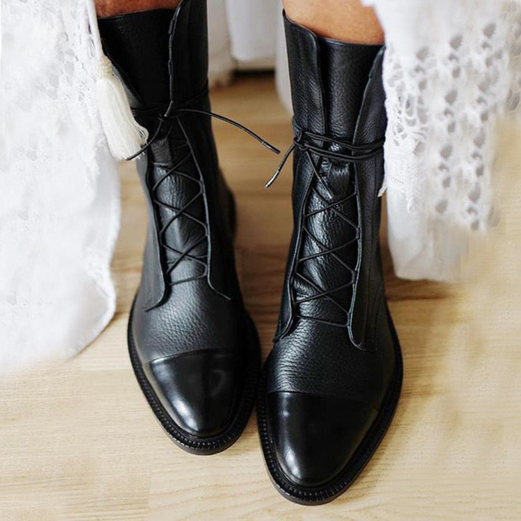 Leather Boots - Women's Vintage Mid Calf Lace Up Boots-Allison Arch