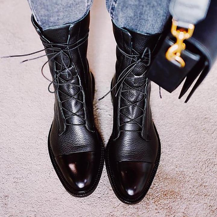 Leather Boots - Women's Vintage Mid Calf Lace Up Boots-Allison Arch