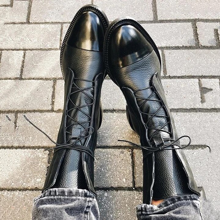 Leather Boots - Women's Vintage Mid Calf Lace Up Boots-Allison Arch