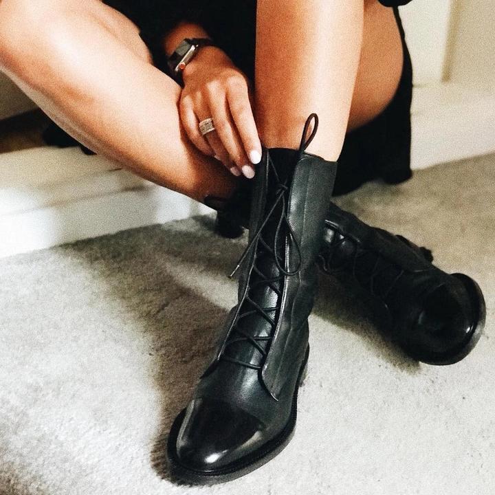 Leather Boots - Women's Vintage Mid Calf Lace Up Boots-Allison Arch