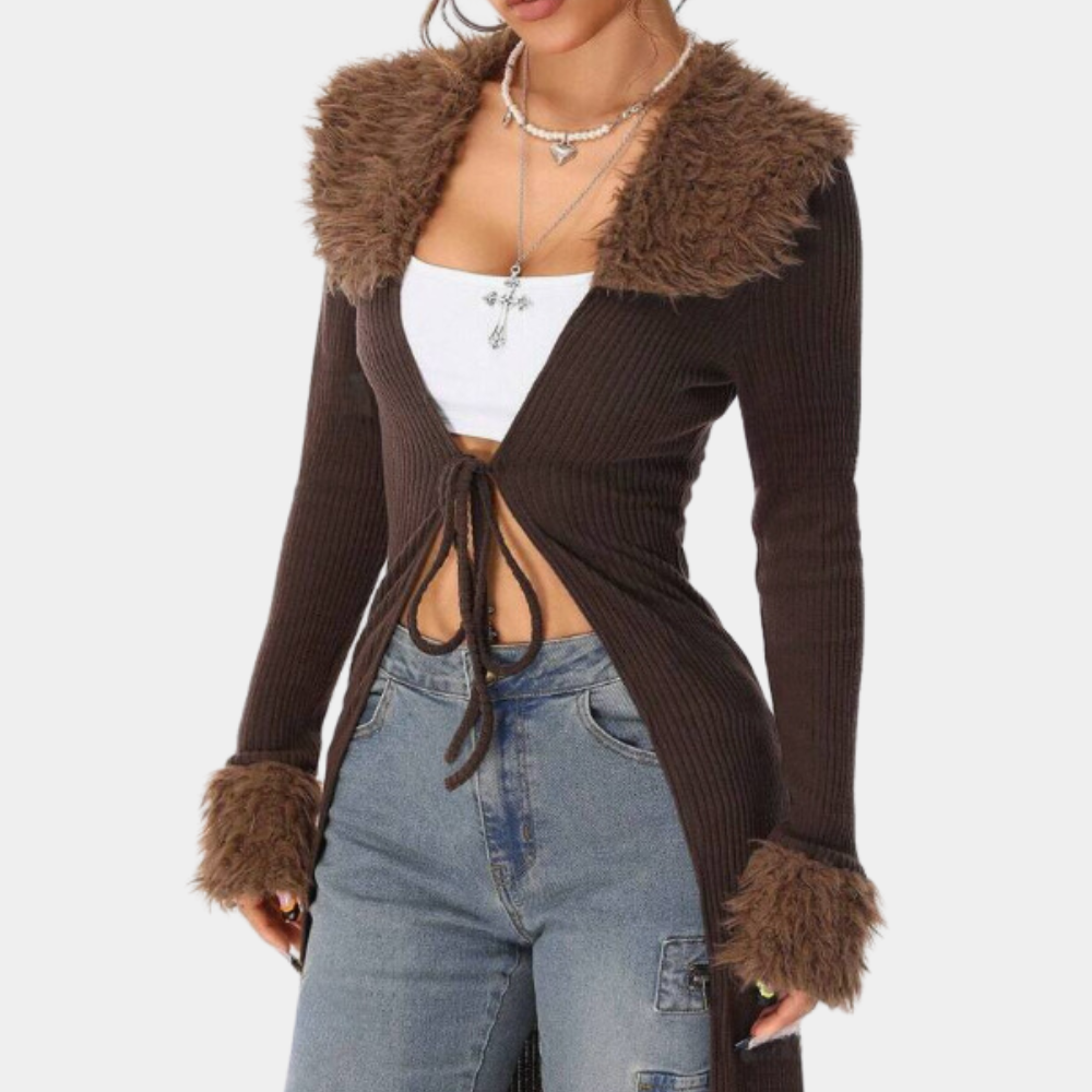 Long Cardigan | Rib Knit | Brown | Knitted Cardigan | Women's Cardigan-Allison Arch