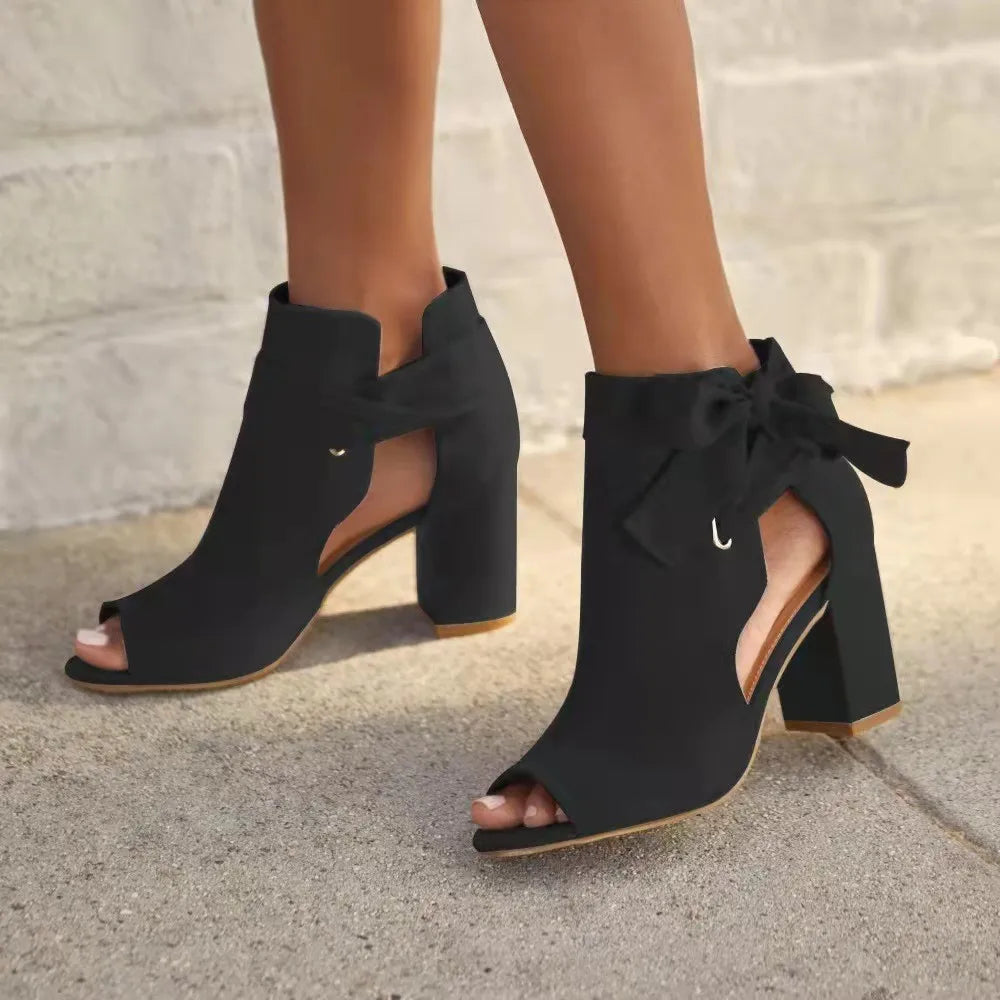 Open Toe Boots - Bow - Block Heel - Heeled Ankle Boots - Women's Heels-Allison Arch