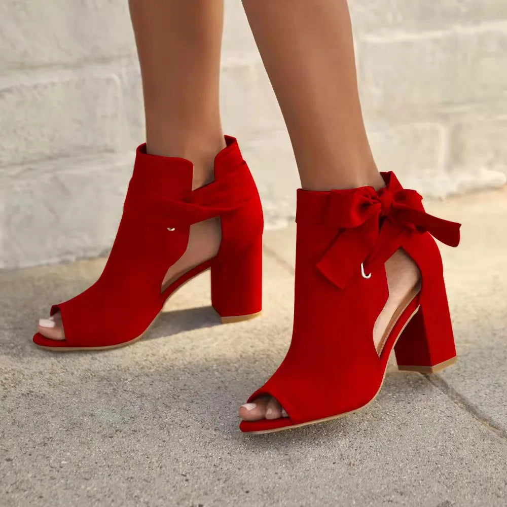Open Toe Boots - Bow - Block Heel - Heeled Ankle Boots - Women's Heels-Allison Arch