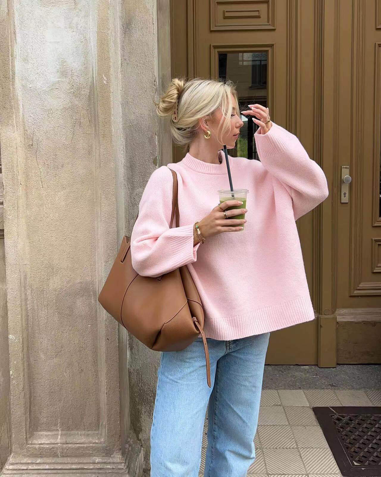 Oversized Sweater - Pink - Round Neck - Oversized Pullover - Women's Knitwear-Allison Arch