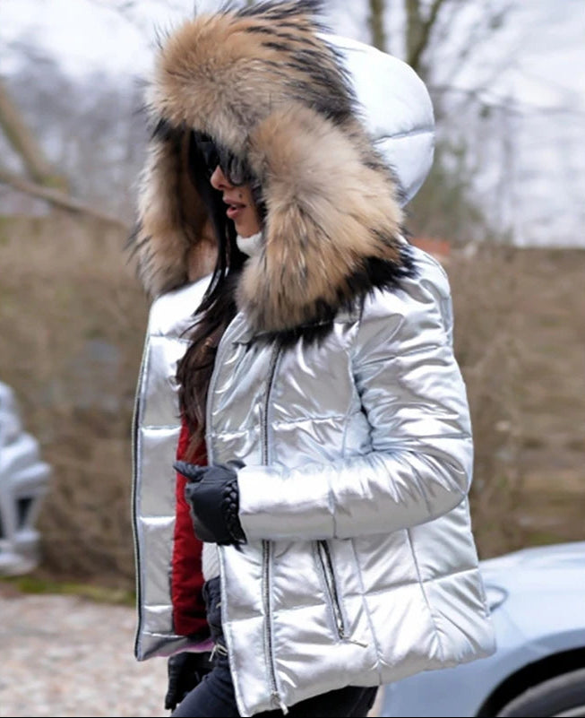 Padded Jacket - Shiny - Zip-Up - Coat with Fur Hood - Women's Winter Jacket -Allison Arch