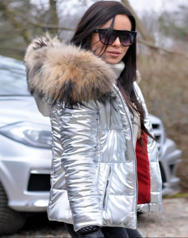 Padded Jacket - Shiny - Zip-Up - Coat with Fur Hood - Women's Winter Jacket -Allison Arch