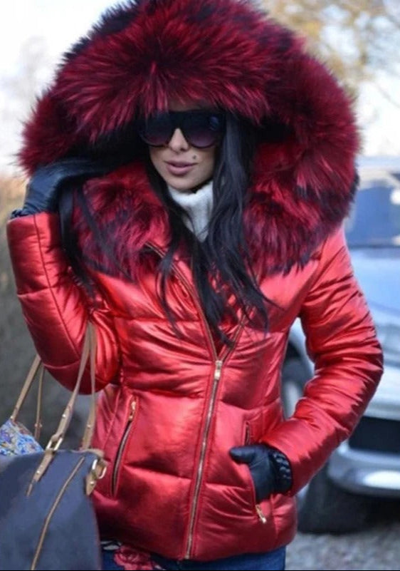 Padded Jacket - Shiny - Zip-Up - Coat with Fur Hood - Women's Winter Jacket -Allison Arch