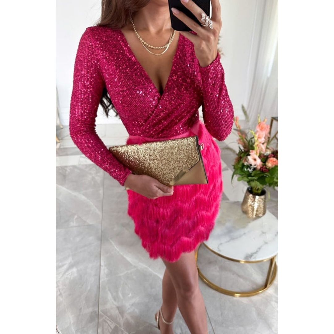 Party Dress - Long Sleeve V-Neck Mini Tassel Sequin Dress-Allison Arch