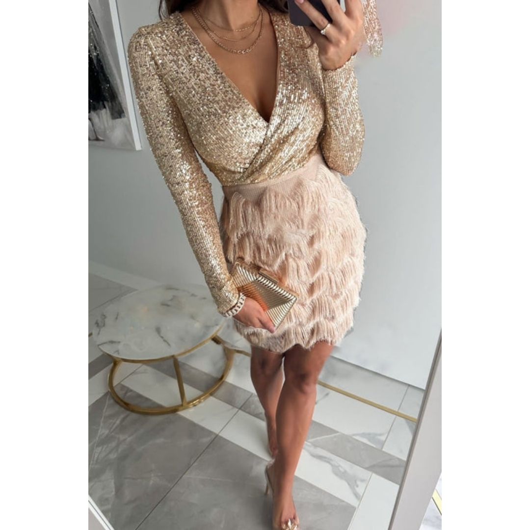 Party Dress - Long Sleeve V-Neck Mini Tassel Sequin Dress-Allison Arch