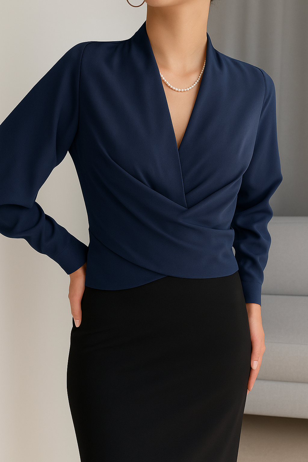 Satin Blouse - Long Sleeve - V-Neck - Satin Shirt - Women's Blouse-Allison Arch