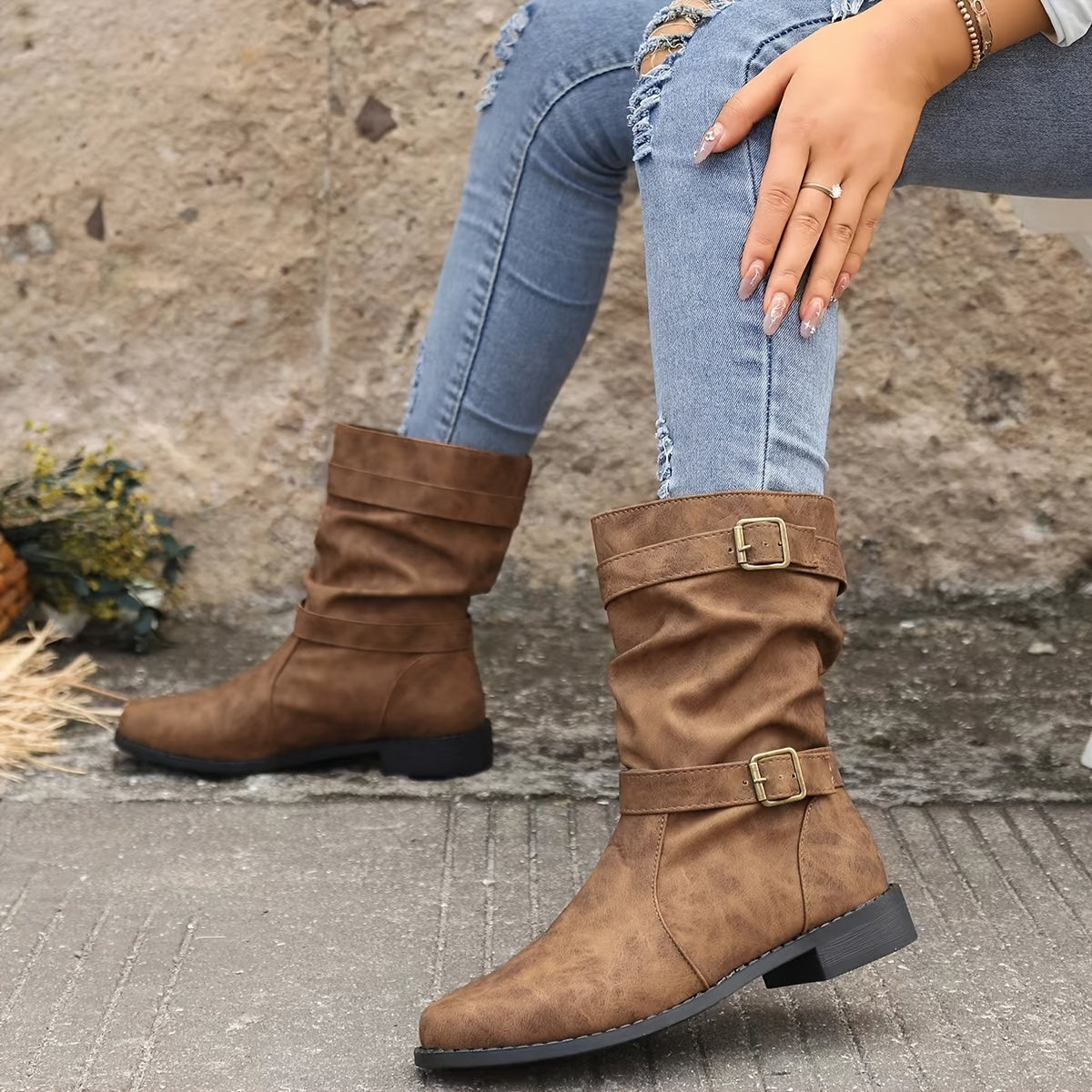 Women's Boots | Buckle Strap | Vintage | Mid Calf Boots | Slouchy Boots-Allison Arch