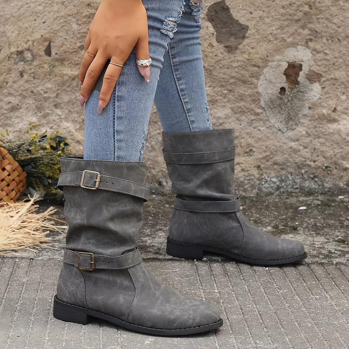 Women's Boots | Buckle Strap | Vintage | Mid Calf Boots | Slouchy Boots-Allison Arch