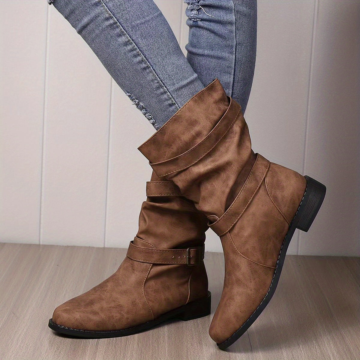 Women's Boots | Buckle Strap | Vintage | Mid Calf Boots | Slouchy Boots-Allison Arch