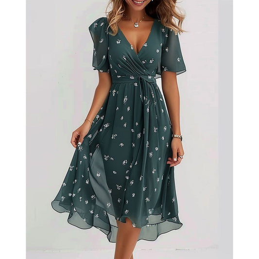 Chiffon Dress - V-Neck - Butterfly Sleeve - Midi Dress - Summer Dress-Allison Arch