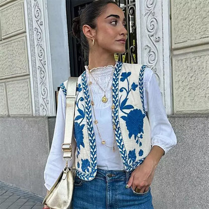 Floral Vest - Women's Sleeveless Embroidered Vintage Gilet-Allison Arch