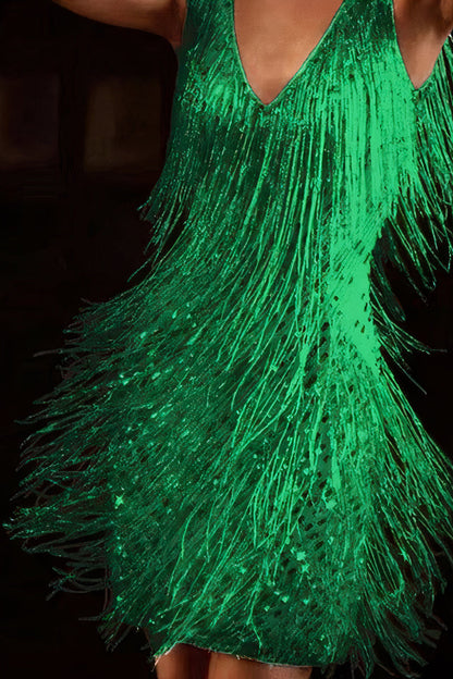 Glitter Dress - Women's Sleeveless Mini Sequin Tassel Dress-Allison Arch