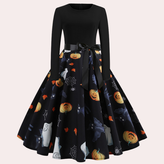 Halloween Dress | Pumpkin Print | Long Sleeve | Fit and Flare Dress | Women's Dress-Allison Arch