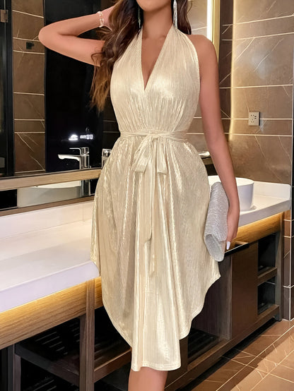 Halter Neck Dress - V-Neck - Asymmetrical - Shiny Dress - Summer Dress-Allison Arch