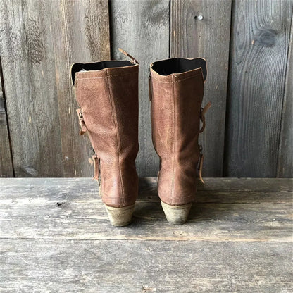 Heeled Boots - Women's Brown Zip-Up Mid Calf Leather Boots-Allison Arch