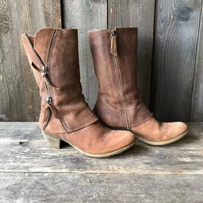Heeled Boots - Women's Brown Zip-Up Mid Calf Leather Boots-Allison Arch