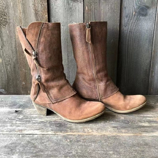 Heeled Boots - Women's Brown Zip-Up Mid Calf Leather Boots-Allison Arch