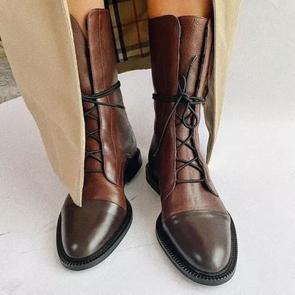 Leather Boots - Women's Vintage Mid Calf Lace Up Boots-Allison Arch